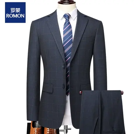 罗蒙男士职业正装西服两件套2023秋季新款商务休闲条纹修身套装男商品大图