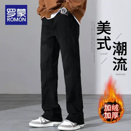 罗蒙加绒加厚黑色牛仔裤潮牌男生宽松直筒冬季新款美式休闲长裤子图片