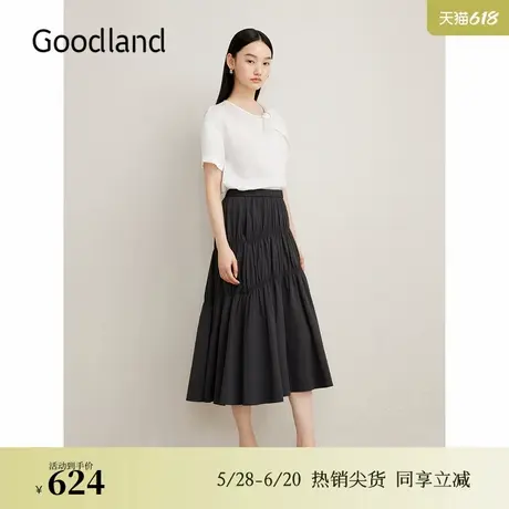 Goodland美地夏季法式烫钻收褶衬衫斜纹上衣商品大图