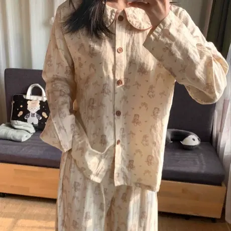 新品！A类全棉双层纱布卡通可爱长袖长裤睡衣娃娃领家居服可外穿商品大图