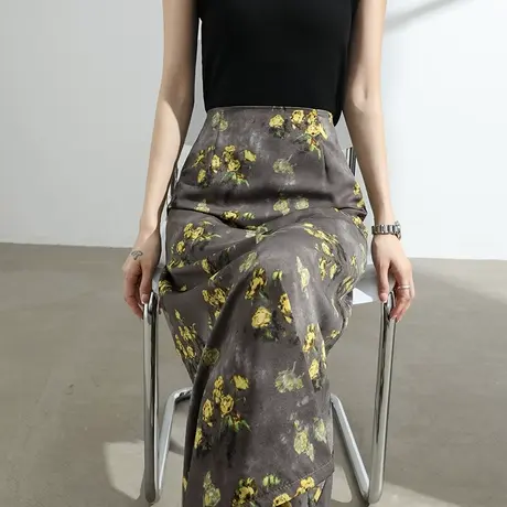醋酸缎面印花半身裙女夏季薄款侧开叉显瘦垂感鱼尾a字碎花中长裙图片