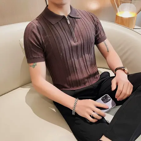 ins翻领T恤男半袖拉链款坑条显瘦显高小衫短袖春夏针织冰丝polo衫图片