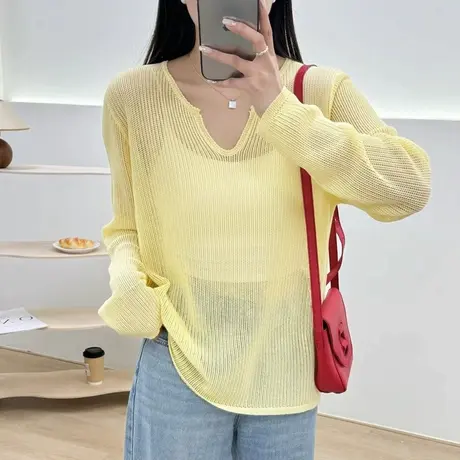 慵懒风2025夏季新款百搭V领冰丝镂空针织衫女宽松防晒衫显瘦毛衣商品大图