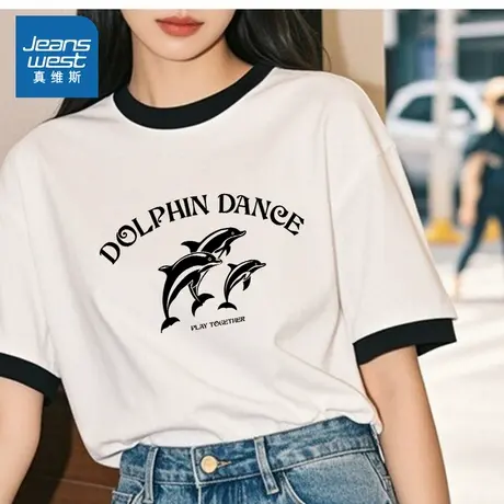 YD真维斯女装2025夏季新款女款美式街头海豚印花时尚女士短袖T恤商品大图