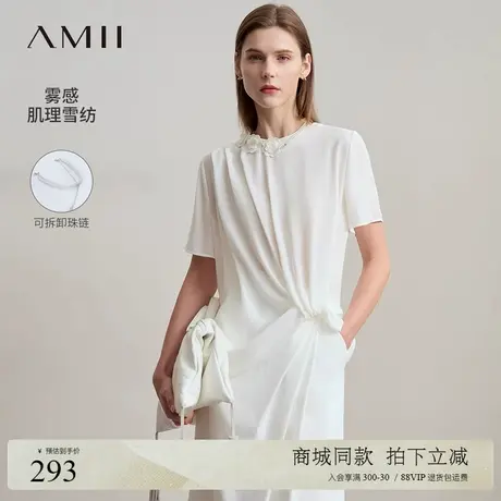 Amii2025夏新款通勤圆领立体花朵可拆链条短袖雪纺衫女扭褶上衣商品大图