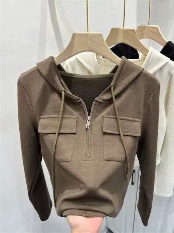 欧货口袋拼接连帽衫云梯棉修身针织小衫女2023早秋长袖拉链打底衫商品大图