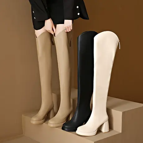 长靴女2023年新款春秋季法式v口高跟粗跟时装骑士靴高筒过膝女靴图片