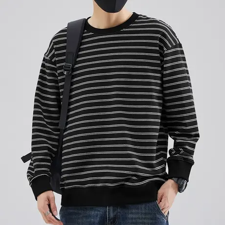 重磅圆领卫衣男2023新款春秋款宽松潮流黑白条纹无帽上衣长袖t恤商品大图