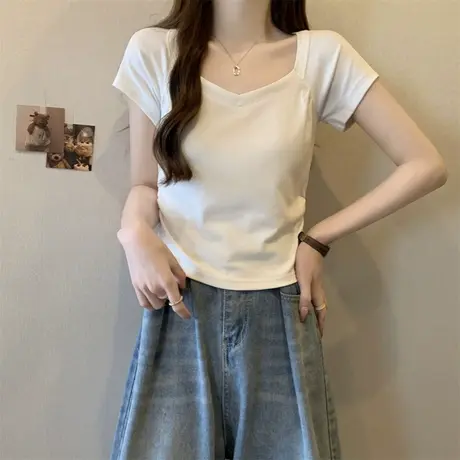 大领口V领露锁骨短袖T恤女早春夏装修身韩版打底衫短款小个子上衣商品大图