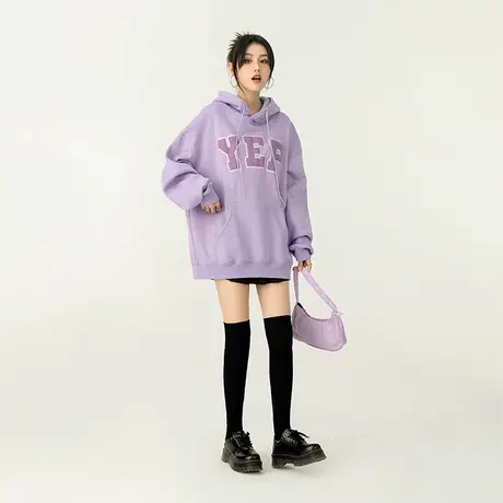YEP字母植绒发泡紫罗兰连帽复古字母卫衣女新款春秋bf外套ins潮牌商品大图