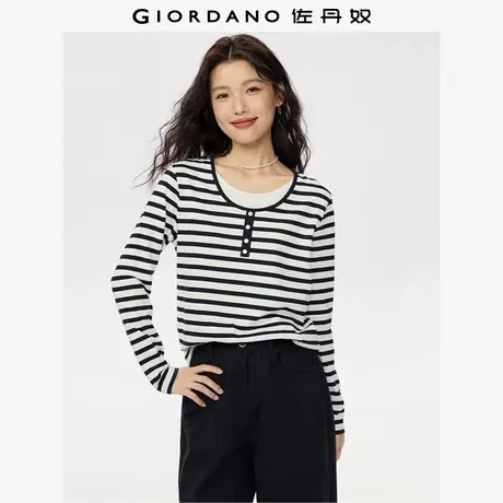 佐丹奴假两件T恤女秋冬新款叠穿风纯棉条纹圆领长袖t恤女05325793商品大图