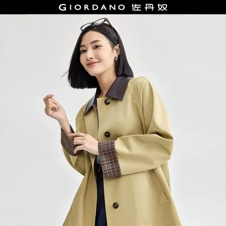 佐丹奴外套女装拼接皮翻领格子袖口插肩梭织风衣外套 18374606商品大图