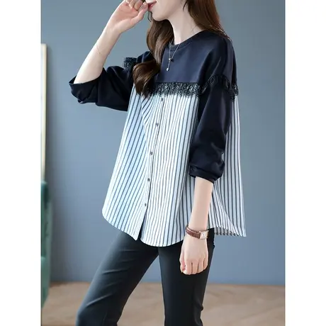宝诗黎圆领假两件蕾丝拼接竖条纹衬衣2023秋季新款落肩长袖上衣女商品大图