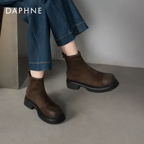 达芙妮棕色短筒靴女2026秋冬新款厚底圆头马丁靴美拉德烟筒靴短靴图片