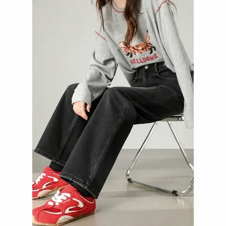 唐狮秋冬季直筒牛仔长裤女基础百搭加绒加厚显瘦碳黑色高级感tuTA图片