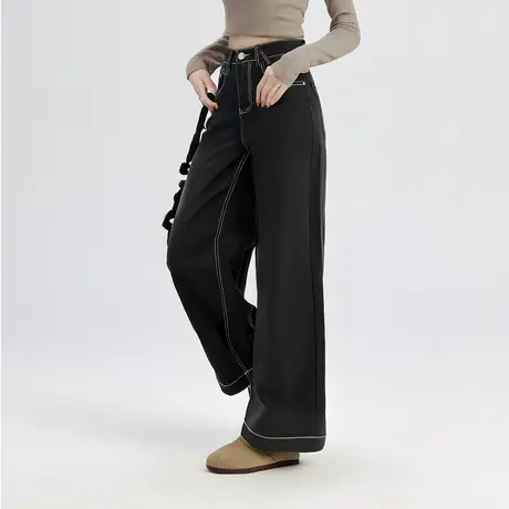 唐狮秋冬新款女牛仔裤明线撞色阔腿直筒长裤女美式宽松潮tuTA图片