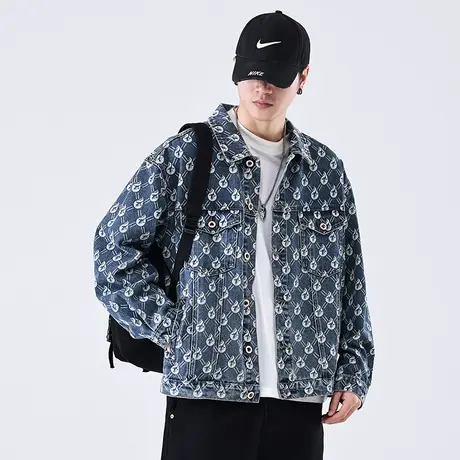 2023秋冬季新品夹克男款潮牌美式复古满印花牛仔外套短款上衣服潮商品大图