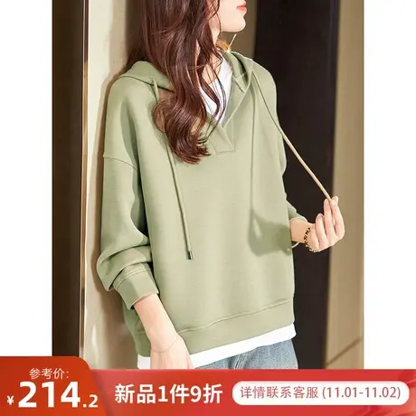 宝诗黎落肩长袖宽松套头上衣2023秋季新款连帽假两件拼接棉质卫衣商品大图