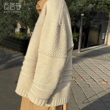 百洛安宽松长袖厚毛衣外套女2023秋冬新款时尚V领单排扣针织开衫商品大图