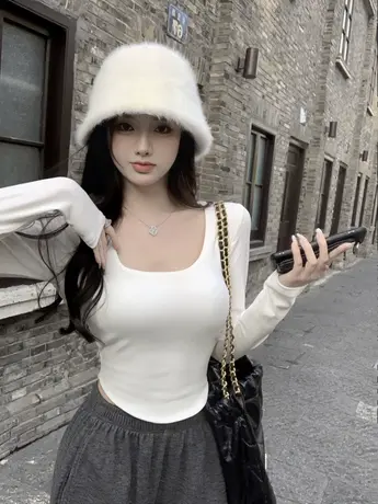 短款洋气卡腰长袖t恤女春秋装冬季内搭打底衫小众设计感辣妹上衣商品大图