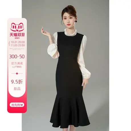 韩语琳法式长袖连衣裙2023新款女秋冬季高级感气质鱼尾裙黑色裙子图片