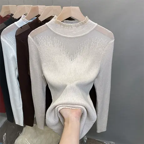 半高领毛衣女蕾丝打底衫2023秋冬新款套头外穿针织衫内搭修身上衣商品大图