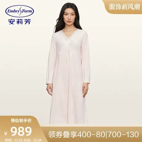 安莉芳专柜新品棉质v领长袖睡裙女士蕾丝花边舒适家居裙EL00609图片