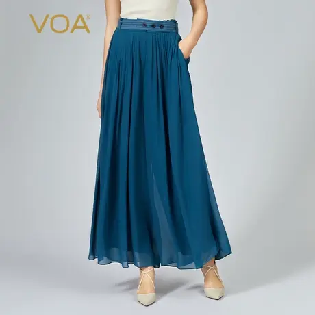 VOA乔其纱真丝深蓝色明线装饰腰带减龄百褶双层桑蚕丝阔腿裙裤图片