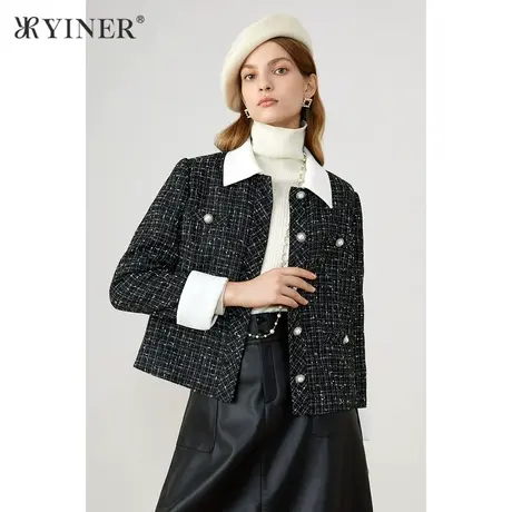 *YINER音儿奥莱女装秋季撞色翻领粗花呢短外套商品大图