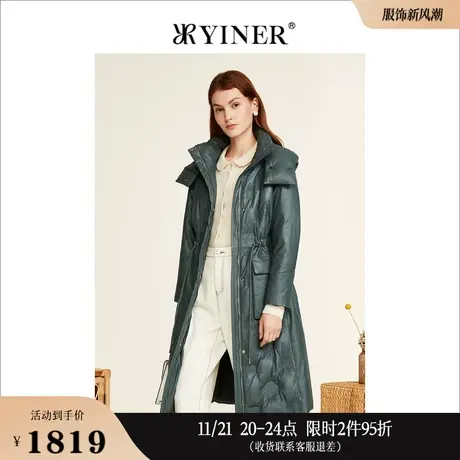 YINER音儿线上专选女装冬季中长款连帽羊皮提花真皮白鸭绒羽绒服商品大图
