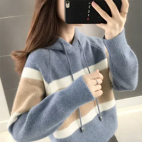 5238连帽衫条纹长袖套头针织衫女士百搭新款韩版宽松爆款毛衣商品大图