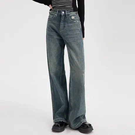 尔给高腰阔腿牛仔裤女秋冬2022年新款宽松直筒梨形身材穿搭裤子商品大图