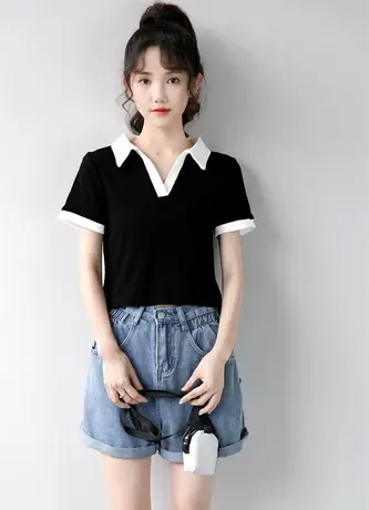 POLO领短袖t恤女夏季2023新款小众设计感正肩V领正肩独特别致上衣商品大图