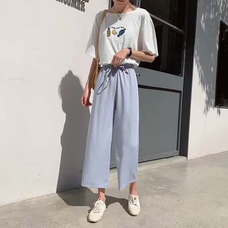 阔腿裤女夏雪纺高腰垂感2019新款坠感学生显瘦薄款宽松九分直筒裤商品大图