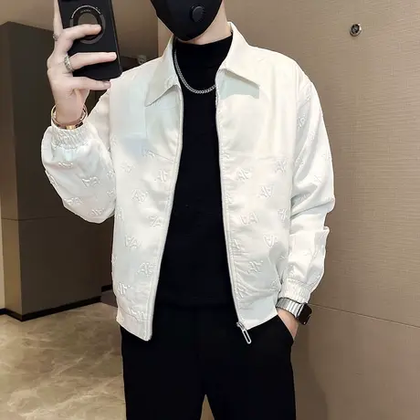 男士个性拼接骑行夹克秋冬2023新款满印字母潮流短款加棉皮衣外套商品大图