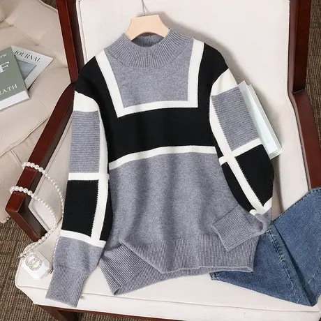 2023春装新款韩版宽松拼色圆领针织衫套头长袖毛衣女百搭打底上衣商品大图