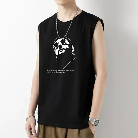 黑色背心男潮夏季纯棉无袖t恤外穿篮球跨栏健身运动坎肩宽肩汗衫商品大图