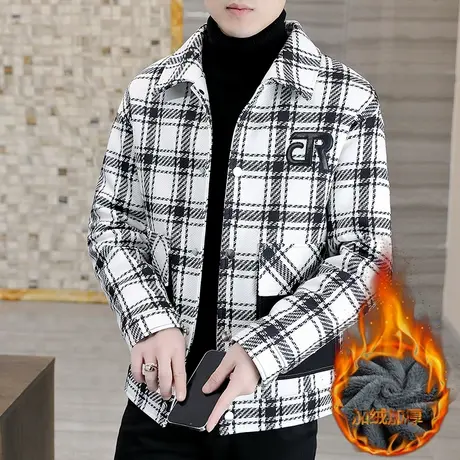 千鸟格呢子外套男秋冬季小香风翻领夹克潮牌帅气加绒加厚毛呢大衣商品大图