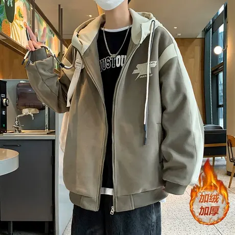 加绒加厚外套男秋冬款撞色拼接夹克男潮牌青少年字母刺绣保暖棉衣图片