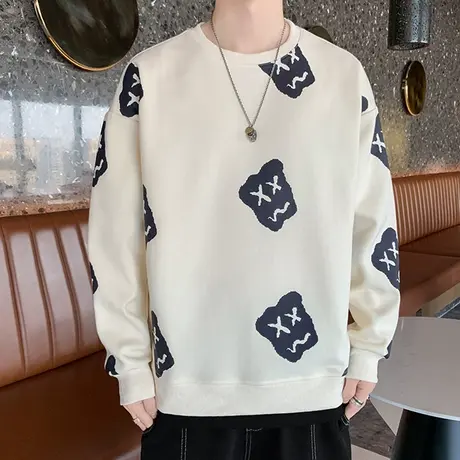 长袖t恤男韩版个性印花上衣春秋新款潮流宽松圆领卫衣男装体恤衫图片