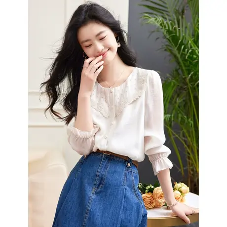 时尚气质淑女长袖衬衫2023年春季新款温柔甜美圆领显瘦通勤上衣商品大图