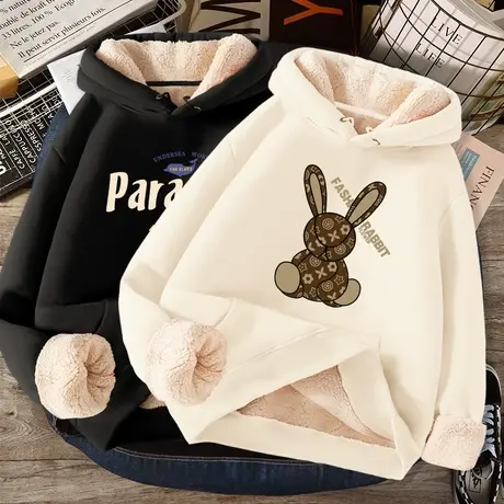 连帽卫衣女秋冬加绒加厚2023年新款冬季羊羔毛女款超厚羊羔绒外套图片