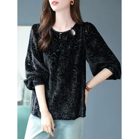 宝诗黎圆领镂空长袖丝绒休闲上衣女2023早秋新款宽松百搭显瘦T恤商品大图