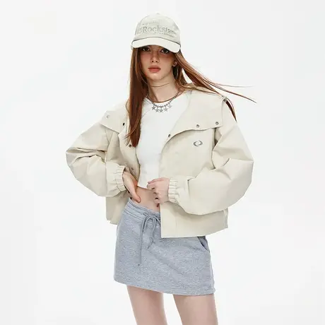 美式复古短款连帽女2023年新款春秋款潮牌修身短款夹克上衣商品大图