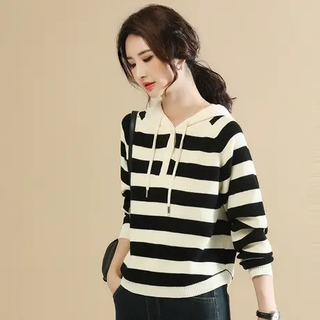 韩潮袭人宽松帽条纹套头毛衣女2023冬季新款休闲撞色针织衫上衣图片