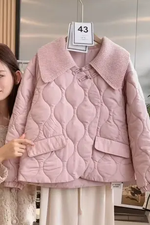 冬装高级感棉服韩系中国风翻领优雅气质显瘦针织拼接开衫夹棉外套图片