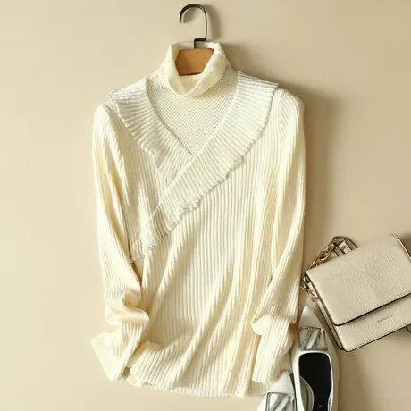 镂空蕾丝花边堆堆高领套头针织衫秋冬洋气女士修身毛衣打底衫上衣商品大图