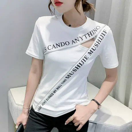 性感镂空T恤女短袖夏装设计感拉链上衣洋气修身丅恤半袖ins网红潮图片