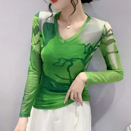 欧货网纱T恤女长袖时尚洋气漂亮印花打底衫内搭修身性感V领上衣潮商品大图