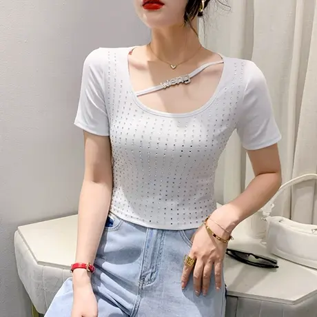 欧货网红短款T恤女短袖高腰紧身小衫设计感镂空上衣重工烫钻体恤图片